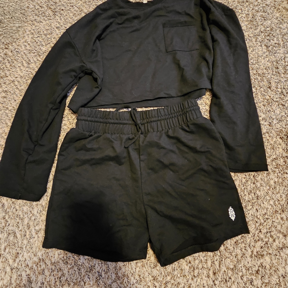 Free people movement Black Cropped Sweatshirt and Shorts Set